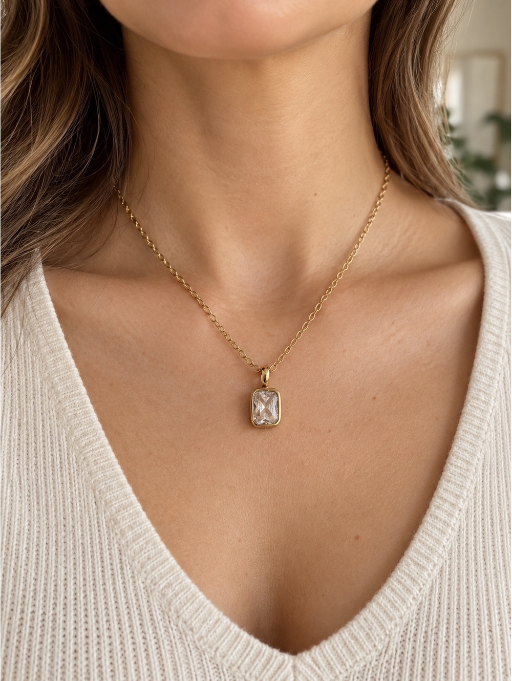 Lux 18K Gold Plated Rectangle Crystal Pendant Necklace
